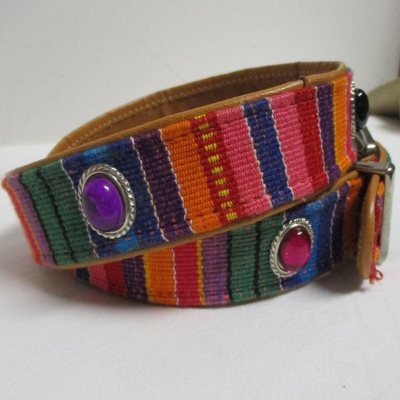 ***SOLD*** Southwestern Colorful Striped Woven Belt sz M Cabochon Conchos - Picture 3 of 7